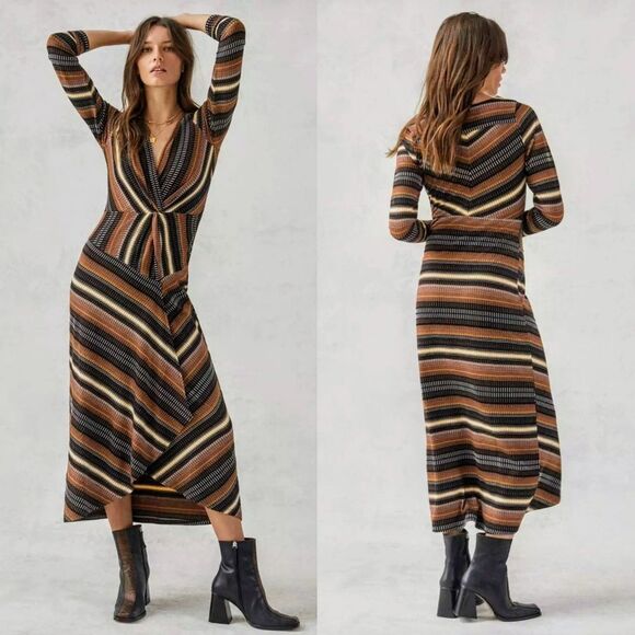 Anthropologie Maeve Striped black/brown Motif Wrap Maxi Dress - Picture 4 of 9